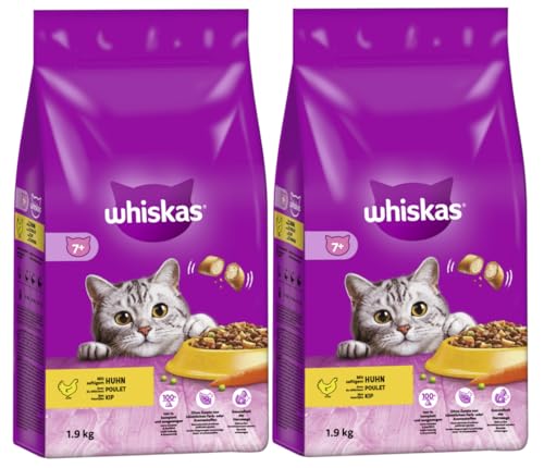 WHISKAS 7+ mit Huhn Katzenfutter Trockenfutter (2x1,9kg, Huhn)
