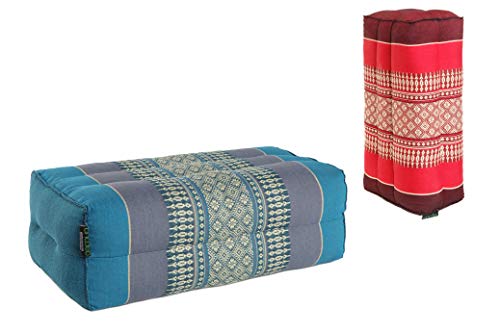 ANADEO YogaProducts Standard - Lot de 2 Coussins de Yoga et Méditation Standard Zafu - Kapok Haute Densité 100% Naturel - Confort et Fermeté - Stabilité d'Assise - Rouge Bourgogne/Turquoise Cover