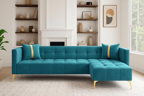 Image of FURNY Styliving 6 Seater Fabric RHS L Shape Sofa Set (Aqua Blue) with Golden Finish Legs | Durable & Comfortable | Ideal for Living Room