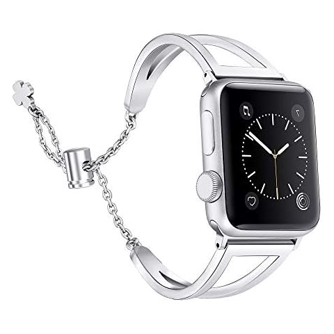 Secbolt Stainless Steel Bands Compatible with Apple Watch Band 38mm 40mm 41mm 42mm iWatch Series 10/9/SE/8/7/6/5/4/3/2/1, Dressy Metal Bangle Bracelet Women, Silver Cover