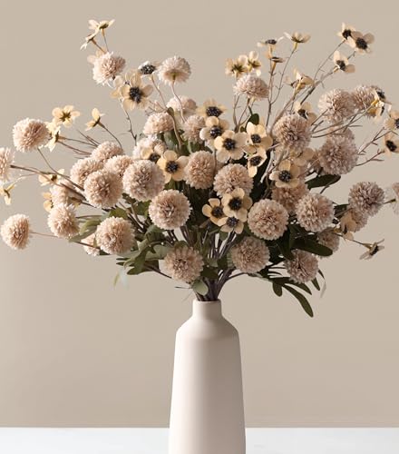 HyeFlora Fake Kiku Flowers Faux Silk Pompon Mums Artificial Flowers Chrysanthemum Stems Floral Arrangement Dried Flowers Vintage Decorative Indoor Home Decor Beige with Wax (Vase not Included)