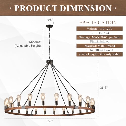 Image of Farmhouse Wooden Wagon Wheel Chandelier 24-Light 59 inch Light Fixture