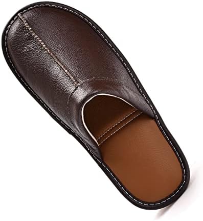 JOOFAN Mens Genuine Cowhide Leather Slippers Non Slip Home Bedroom Shoes House Slippers Comfy Indoor Outdoor Shoes Slippers