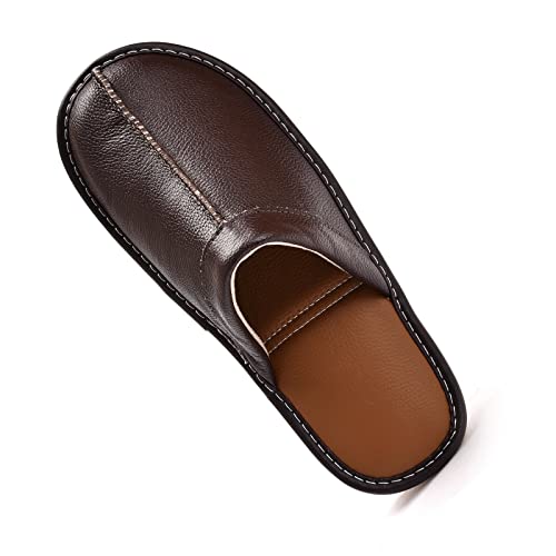 Mens Genuine Cowhide Leather Slippers Non Slip Home Bedroom Shoes House Slippers Comfy Indoor Outdoor Shoes Slippers