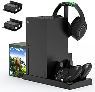 Vertical Cooling Stand with Cooling Fan for Xbox Series X Console & Controller,Accessories with 2x1400mAh Rechargeable Batteries and Dual Controller Charger Dock Station&Headset Holder&10 Game Slots