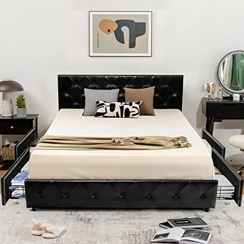 Giantex Upholstered PU Leather Platform Bed Frame w/ 4 Storage Drawers, Adjustable Headboard & Solid Wooden Slats, Button Tufted Mattress Foundation, No Box Spring Needed, Easy Assembly, Black (Queen)