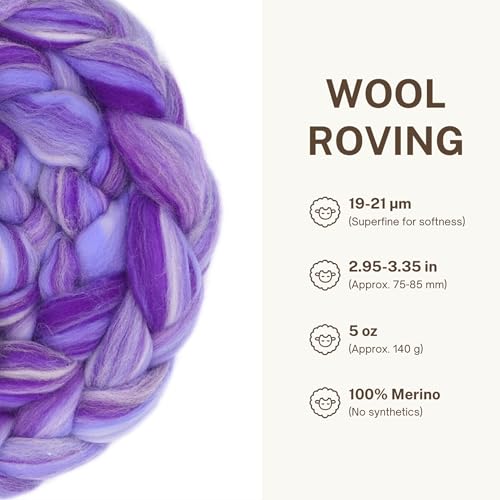 Image of DICHA Fine Merino Wool Roving - Hand-Dyed in Stunning Color Blends for Needle Felting, Wet Felting, Spinning, and Weaving - Soft Combed Top Fiber - 5oz - Lavender Breeze