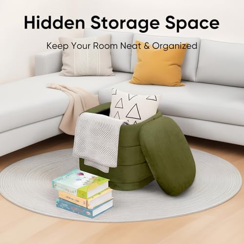 Image of 15 inch Velvet Storage Ottoman with Tray, Foldable Square Ottoman Footrest with Reversible Wood Lid, Collapsible Storage Footstool for Bedroom, Living Room, Dorm, Olive Green