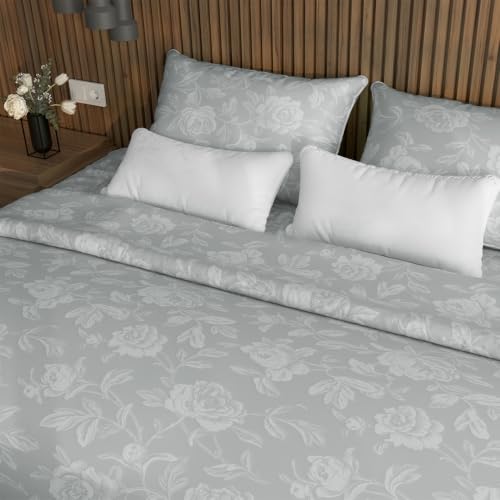 Image of Blue Dahlia 100% Cotton, King Size /Double, Elastic Fitted Bedsheet (72 inchx78 inch) + 2 Pillow Covers,Fits Upto 10 inch Mattress, 300TC Premium Bedsheet, Jacquard Rose Pattern - Light Grey