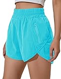 BMJL Women's Running Shorts Elastic High Waisted Shorts Pocket Sporty Workout Shorts Quick Dry Athletic Shorts Pants(M,Lake Blue)