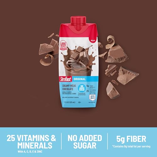 Image of SlimFast Meal Replacement Shake, Original Creamy Milk Chocolate, No Added Sugar, Meal Replacement Shakes, 10g Ready to Drink Protein, 5g Fiber, 25 Vitamins and Minerals, 11 Fl. Oz, 12 Count