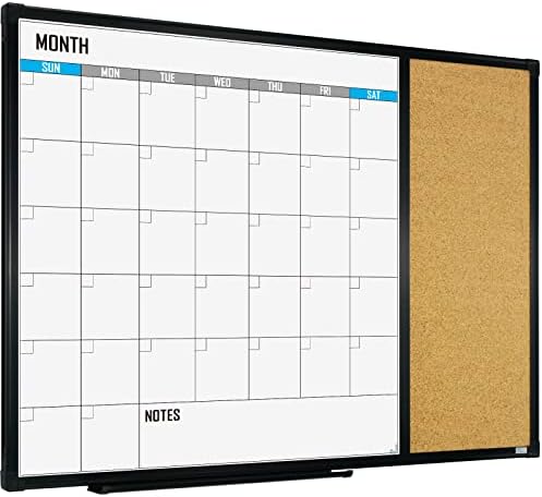 XBoard Dry Erase Calendar Whiteboard 28 X 20 - Combo White Board Calendar Monthly, Magnetic White Board + Corkboard with Black Aluminum Frame