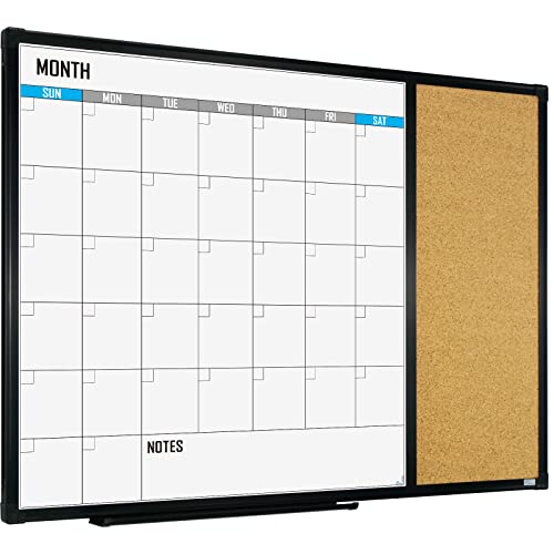 Xboard Dry Erase Calendar Whiteboard 28 X 20 - Combo White Board Calendar Monthly, Magnetic White Board + Corkboard With Black Aluminum Frame #TOP3
