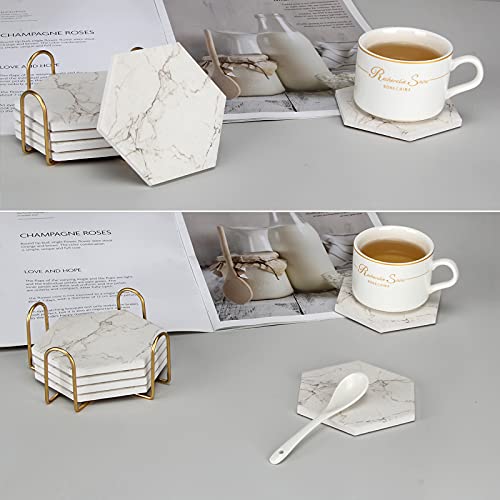 Niedliches Marmor-Untersetzer-Set Mit Halter, Getränkeuntersetzer für Bier, Wein, Tasse - Modern, Weiß… – Ansicht 7