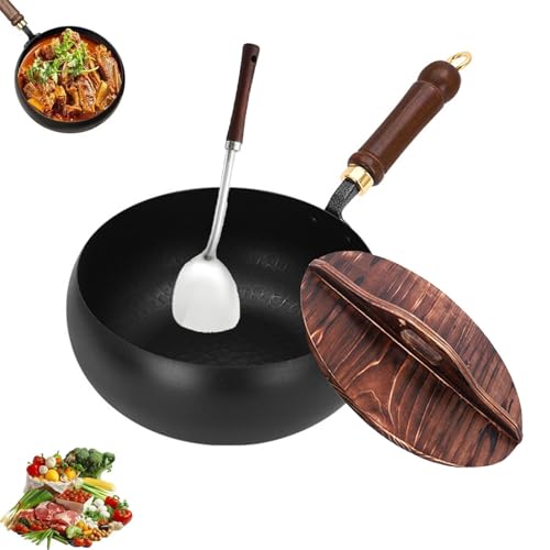 Padella Giapponese in Ferro, Padella in Ferro Non Rivestita, 24 Cm, Padella Giapponese Forgiata A Mano Antiaderente, Resistente E Antiruggine, Per Fornelli A Gas, Fondo Tondo Con Coperchio (B,24cm)