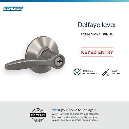 Image of Schlage F51A DEL 619 Delfayo Door Lever with Standard Trim, Keyed Entry Lock, Satin Nickel