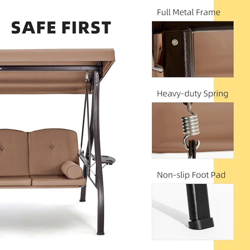 Image of HOMREST 3 Seat Outdoor Porch Swing with 1.5 inch Deepened Cup Holder, Adjustable Canopy, Patio Swing Bed with Stand, Patio Glider Swing with Thicken Cushions, Pillow for Yard, Garden(Brown)