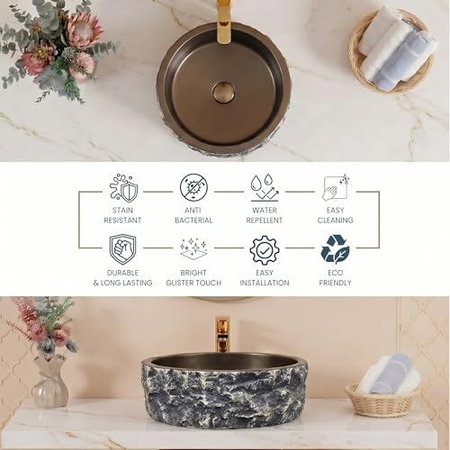 Image of BASSINO 16x16x6 Inches Artificial Stone Table Top Washbasin /Premium Counter Top Wash Basin Matte Black-Bronze with Stone Textured /Modern Rock Basin for Home-Hotel /Designer Round Shape Sink(Matt)