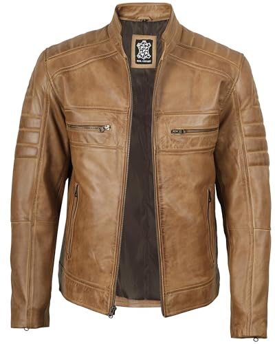 Image of fjackets Leather Jacket Men Real Lambskin - Cafe Racer Moto Style, Stand Collar Zip Up Jacket