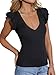 Ezbelle Women's Deep V Neck Ruffle Sleeve Shirts Summer Ribbed Knit Slim Fitted Tops Casual Tight TshirtTrendy Clothes Black,M