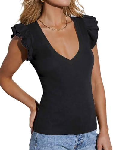 Ezbelle Women's Summer Sleeveless Tops V Neck Ruffle Shirts Ribbed Knit Tank Top Sexy Blouse Ladies Clothes 20263