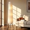 61” Oatmeal Fabric Pleated Floor Lamp, Walnut Wood Tripod Base