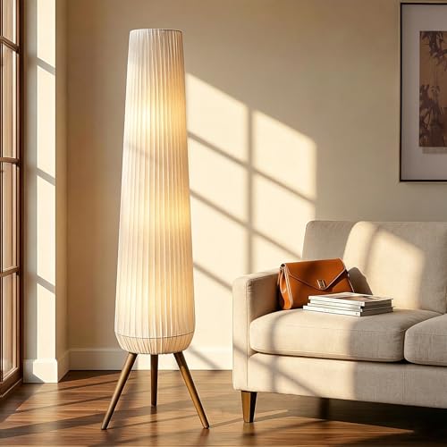 Reyokale 61 Oatmeal Linen Pleated Floor Lamp Walnut Wood Tripod Base Tall Standing Lamp with 3 Built-in Light Sockets Soft Ambient Lighting Boho Wabi-Sabi Style Lamp for Living Room Bedroom