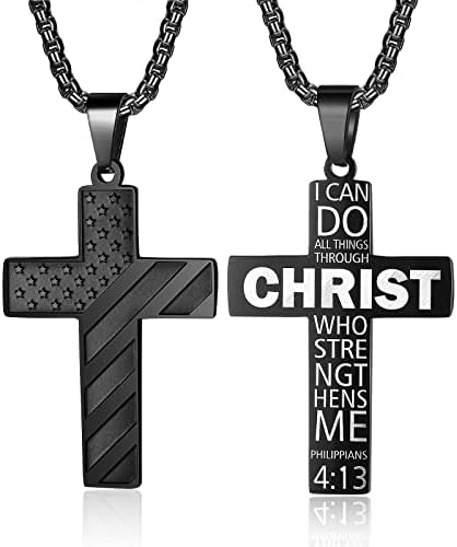 ZRAY American Flag Cross Necklace for Men Stainless Steel Chain 24inch Bible Verse Pendant Patriotic Jewelry Inspirational Christian Gift for Boys(B-I CAN DO)