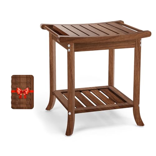 Anyprime Teak Shower Benches for Inside Shower – Waterproof Wood Shower Stool with Storage Shelf, Non-Slip Spa Bathroom Seat Chair for Adults & Seniors, Ideal for Relaxing and Home Use