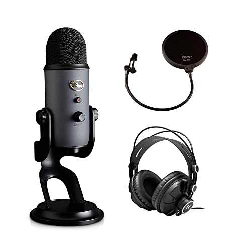 BLUE Microphones Yeti Slate USB Microphone (Slate) Bundle with Over-Ear Headphone and Knox Gear Pop Filter (3 Items)