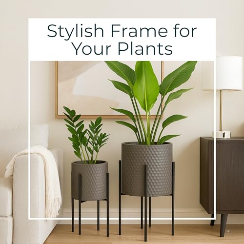 Decorative Flower Pots with Metal Stand for Home Decor - Modern Planters for Hallway, Entryway, and Living Room Decor - Indoor and Outdoor Pots for Plants - Set of 2, 23", 19", Gray & Black