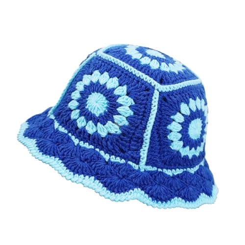 JiaTL WeyJia Crochet Bucket Hat for Women Knit Handmade Foldable Floppy Beach Hat Fashion Cute Comfy and Casual (B-Blue)