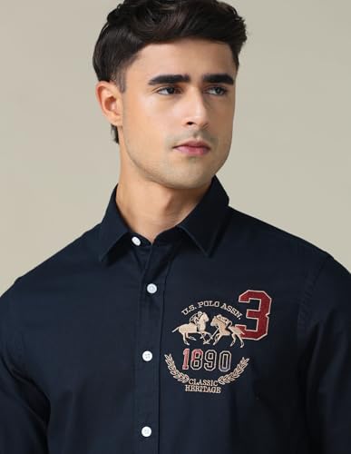 Image of U.S. Polo ASSN. Solid Tailored Fit Shirt for Men - 100% Cotton, Breathable & Comfortable, Full Sleeves Casual Shirt for Men