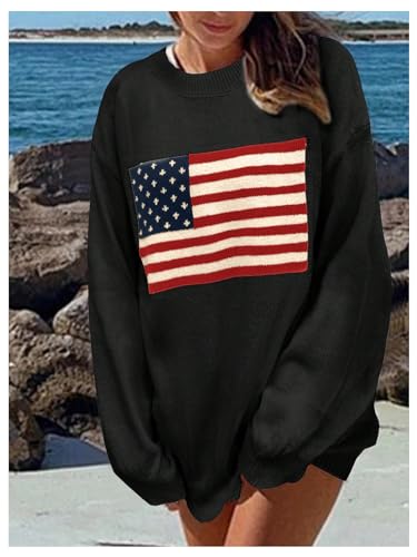 Image of GORGLITTER Women's American Flag Sweaters 2026 4th of July Outfits Fall Oversized Long Sleeve Knit Pullover Tops
