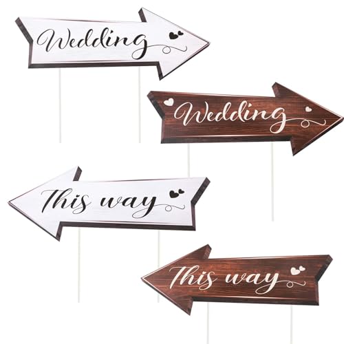 4pcs Panneau Directionnel Mariage, Panneaux Routiers Directionnels de Mariage Panneaux Fléchés avec Piquets Panneau Mariage Panneau de Bienvenue Mariage pour...