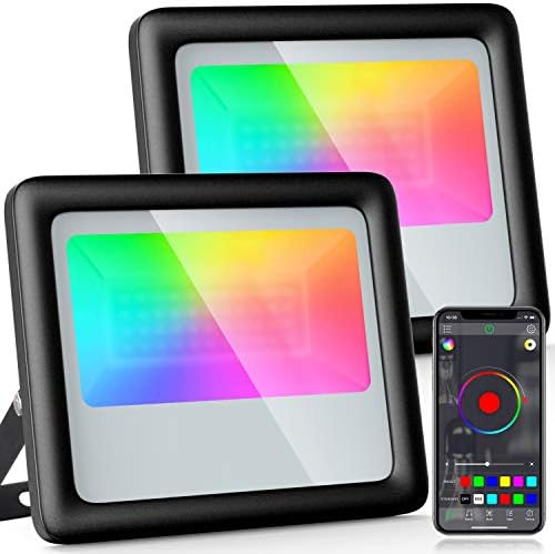 LEDVIE 2 Pack 100W RGB LED Flood Light, Color Changing Bluetooth Smart Floodlights APP Control, 2700K Warm White, 5700K White, 16 Million Colors, 20 Modes, Timing & Music Sync, Outdoor Waterproof