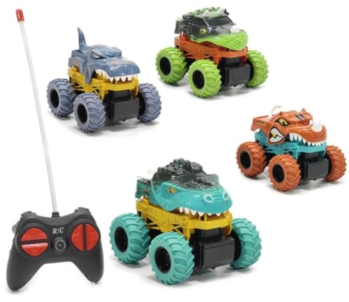 4 x Monster Truck juguete teledirigido, dinosaurio diseño, con ruedas grandes, mando a distancia R/C, multicolor