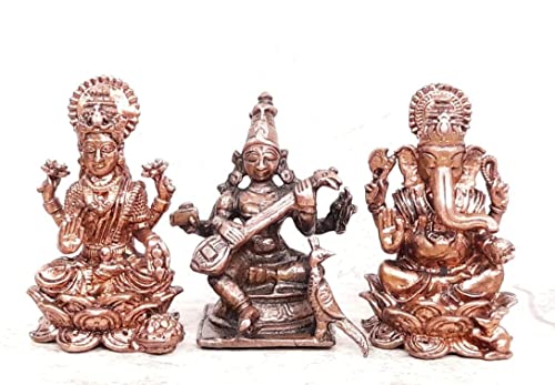 Image of Copper Idols of god Lakshmi, Saraswathi and Ganesh, 164 Grams, Patina Antique Finish, Pack of 1 Piece