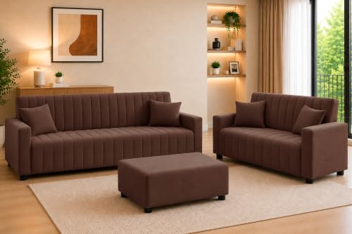 Image of Rosebell 3+2 Fabric Sofa Set with Ottoman | Premium Upholstery 5 Seater Sofa | with Printed Cushions | Living Room Furniture | - Brown Color