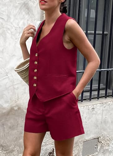 Image of PRETTYGARDEN Women's Summer 2 Piece Outfits Sleeveless Matching Sets Button Down V Neck Vest Waistcoat and Pockets Shorts