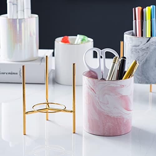 YOSCO Ceramic Pen Holder with Stable Metal Bracket,Cute Round Pencil Cup Pen Pot for Kids Girls Desk Organizer Makeup Brush Holder (Grey)