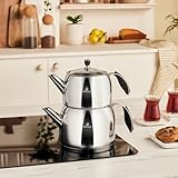 Karaca Stelly Caydanlik - Türkische Teekanne Induktion 2L Wasserkocher + 1L Demlik mit Deckel, Edelstahl, Türkischer Teekocher, Induktionsgeeignet, Spülmaschinengeeignet - Inox