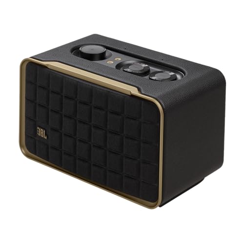 JBL Authentics 200 – Retro Style Smart Home Speaker with Built in Wi-Fi, Bluetooth and Voice Assistants, Alexa and Google Assistant, Multi-Room Playback, Automatic self tuning (Black/Gold)
