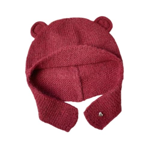 SM SunniMix Cute Bear Ear Knitted Hat Adorable Animal Earflap Hat for Camping Outdoor Hiking, Red