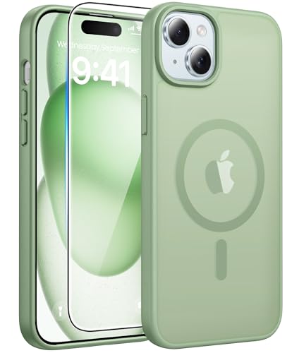 Image of FNTCASE for iPhone 15 Case: for iPhone 14 Case & iPhone 13 Case [Compatible with Magsafe] Translucent Matte Cases with [Screen Protector] Military Grade Shockproof Protective Phone Cover - Light Moss