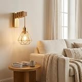 Alpinaluz Aplique de Pared Dorado con Brazo de Madera de Fresno y Pantalla Jaula Metálica E27 para Iluminación Interior de Dormitorio Estilo Moderno Vintage Industrial Elegante y Funcional
