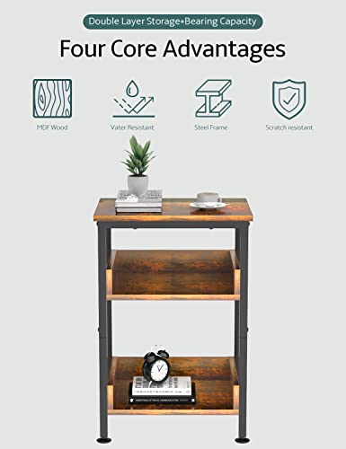 Astarth Side Table-3 Tier End Table W/Open Additional Shelf For Storage, Industrial Nightstand-Record Player Stand-Metal Frame For Living Room Sofa Table-23.7' H, Sturdy&Easy Assembly, Vintage Brown #TOP3