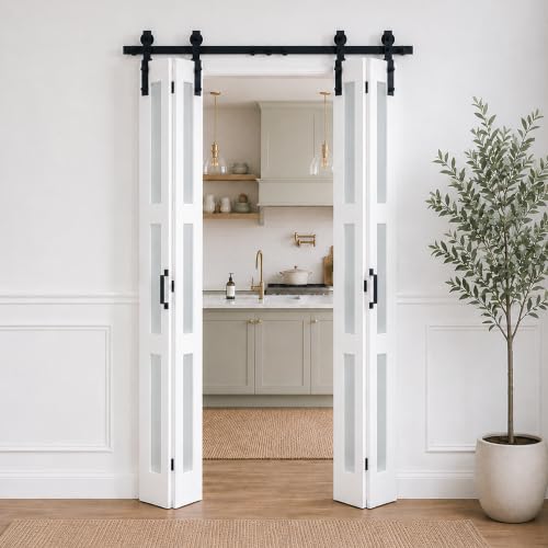 Image of Bifold Frosted Glass Barn Door 48 inchx84 inch with Hardware Included