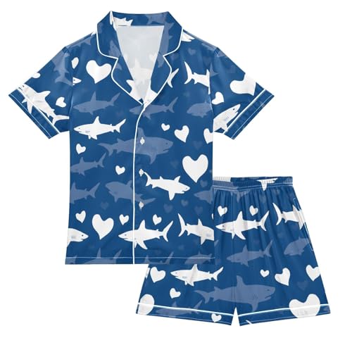 ALAZA White Shark Fish Heart Satin Pajamas Set Short Sleeve Button Down Sleepwear Summer Pjs 2 Piece