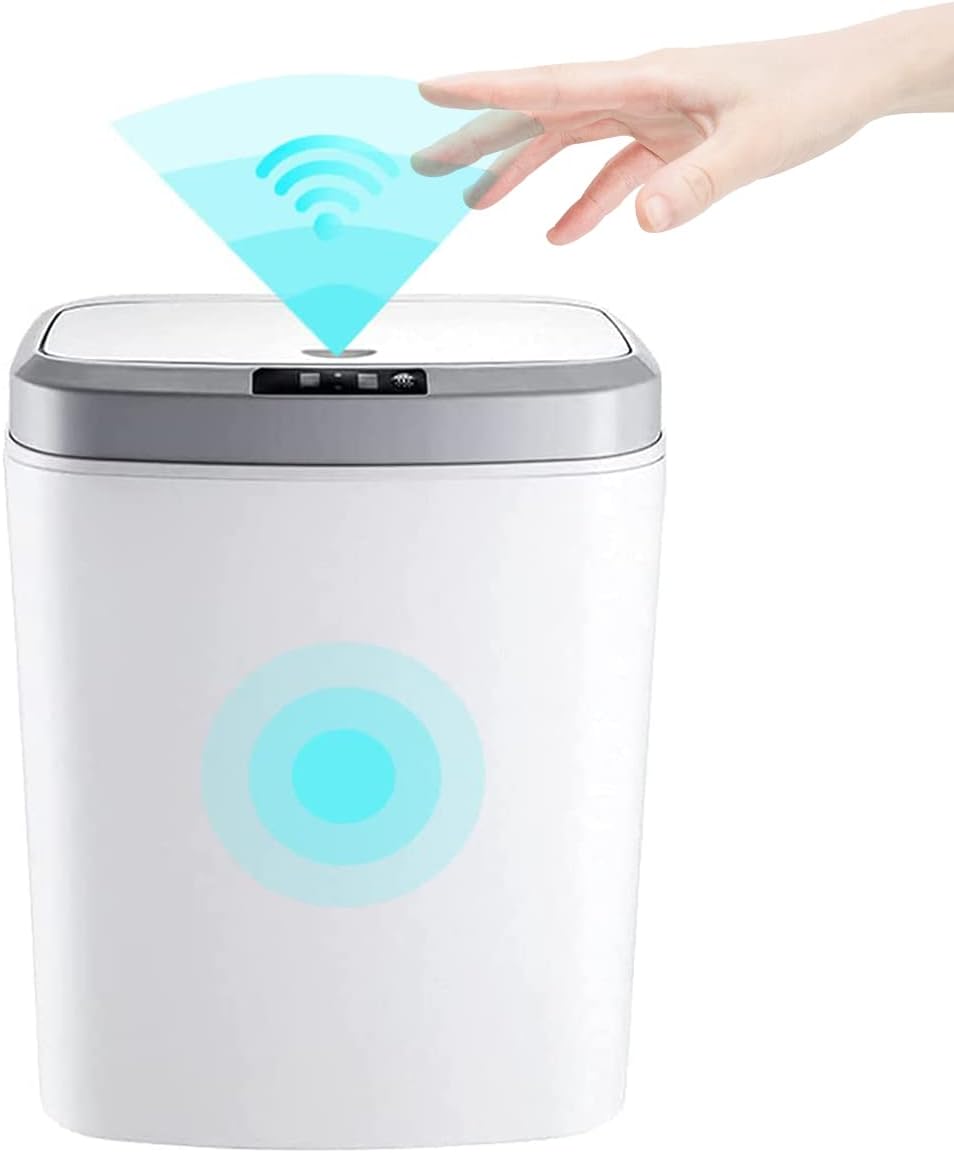 16L Smart Waste Bin Inductive Trash Can, Touchless Bathroom Trash Can with Lid Sensor Kitchen Dustbin, Automatic Sensor Waste Basket for Kitchen Home Office Bedroom (White)